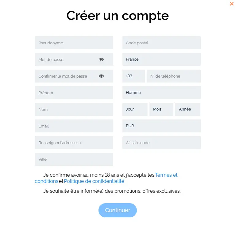 Processus d'inscription Casino Action